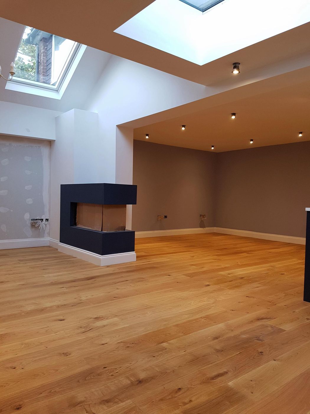 Living space with rooflight and oak floor